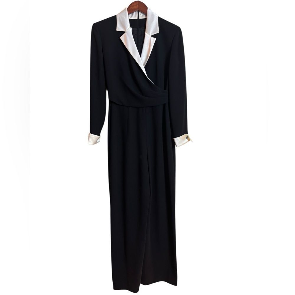 Vintage Jones of New York Black Wide Leg Jumpsuit White Satin Trim Long Sleeve 4 - Picture 2 of 10